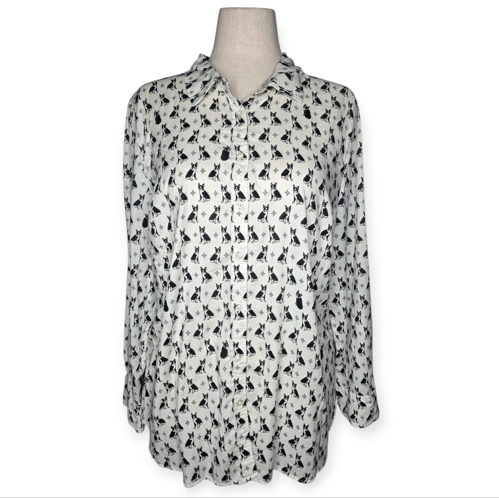 Talbots XL Dog Print Button Front Cotton Blouse Preppy Casual Shirt